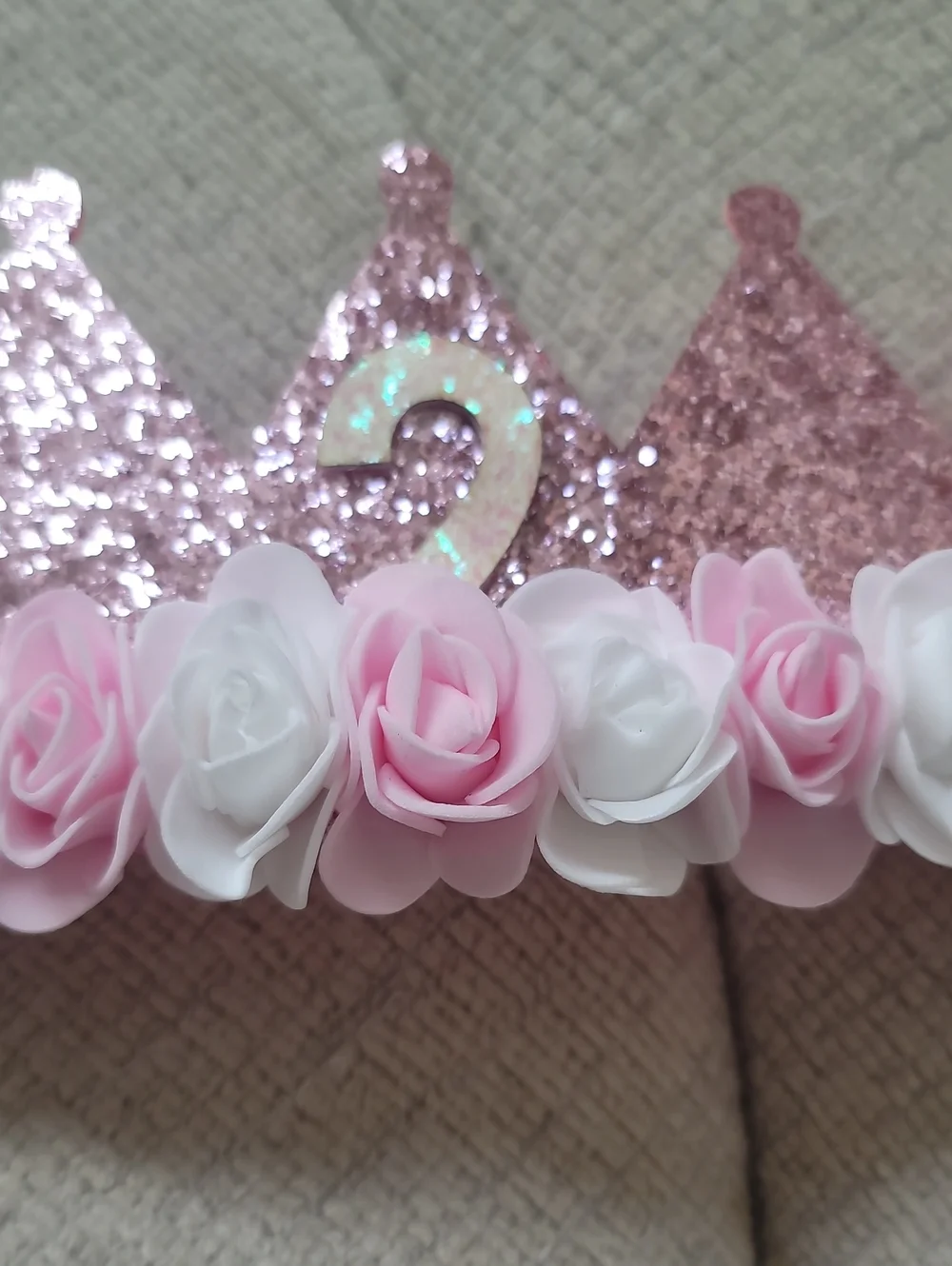 Pink Glitter Birthday Crown with Floral Trim